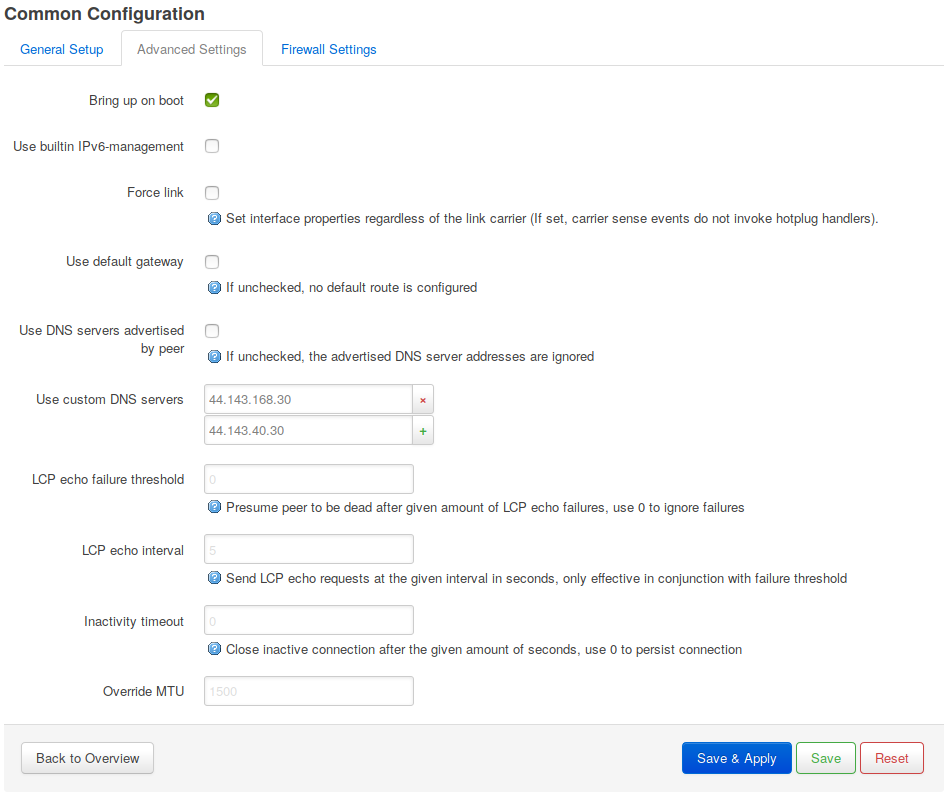 Hamnet advanced settings